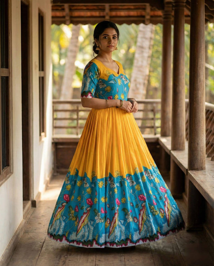Sunshine yellow Kalamkari Printed Maslin Gown