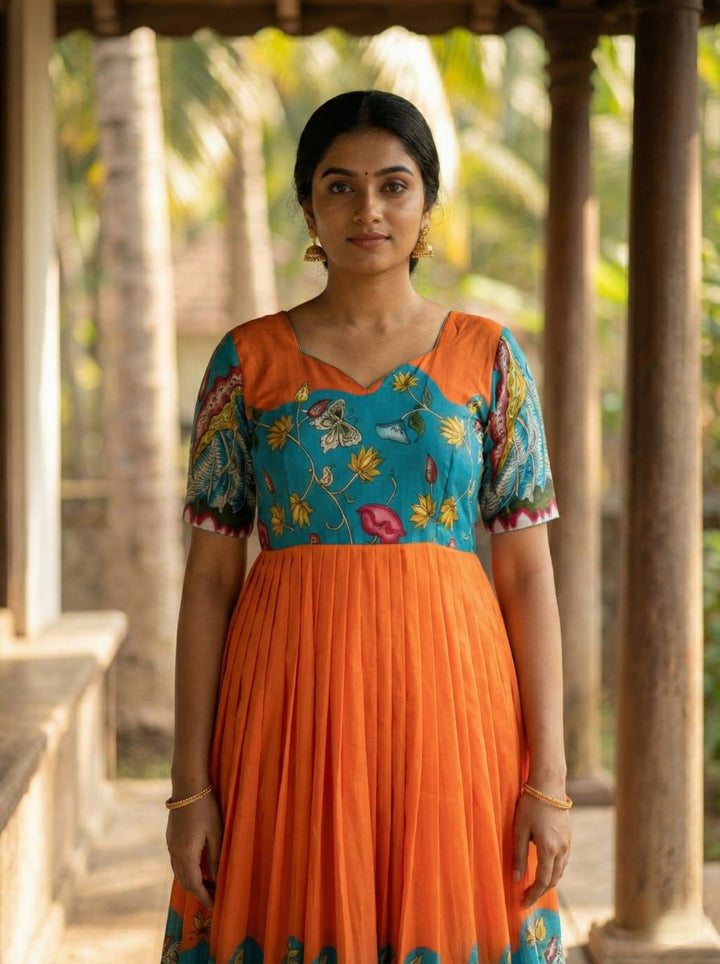 Teal & Orange Kalamkari Print Maslin Gown with Flared Silhouette