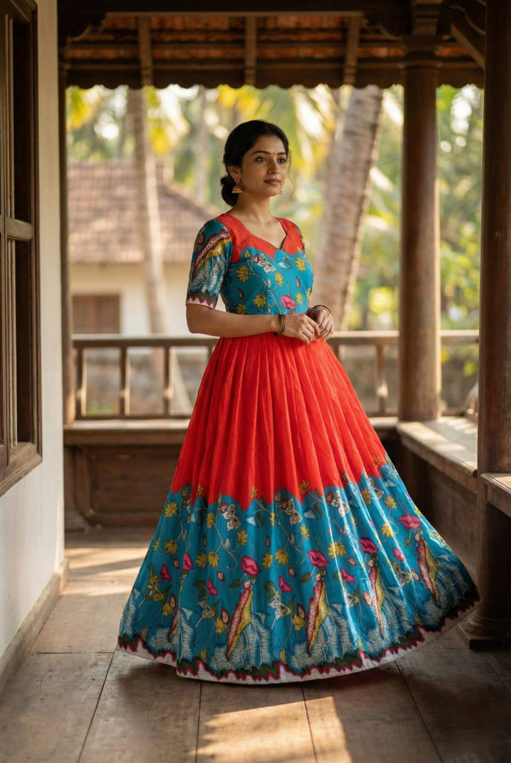 Ruby red Kalamkari Printed Maslin Gown