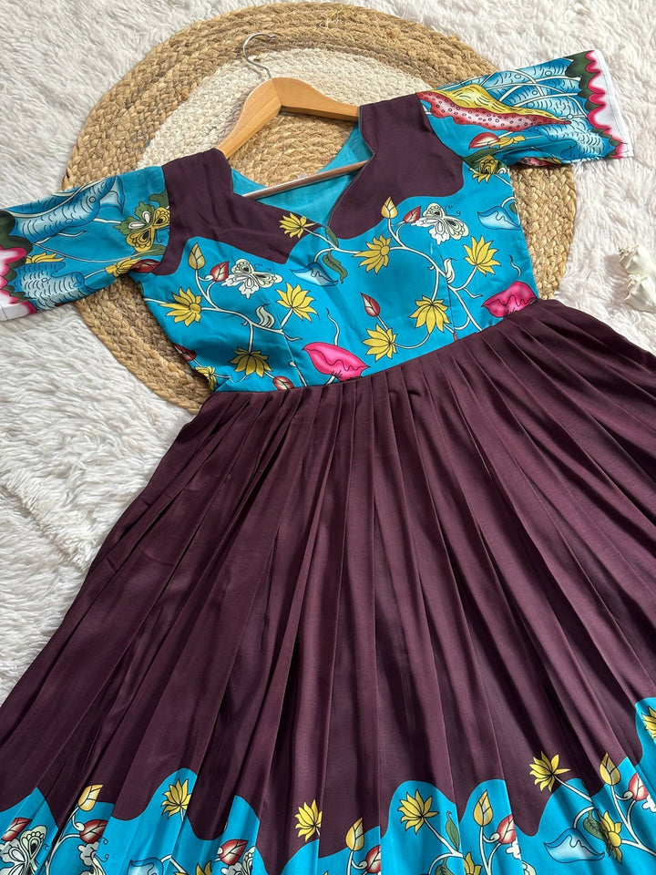 Elegant Wine Purple & Teal Kalamkari Print Maslin Gown