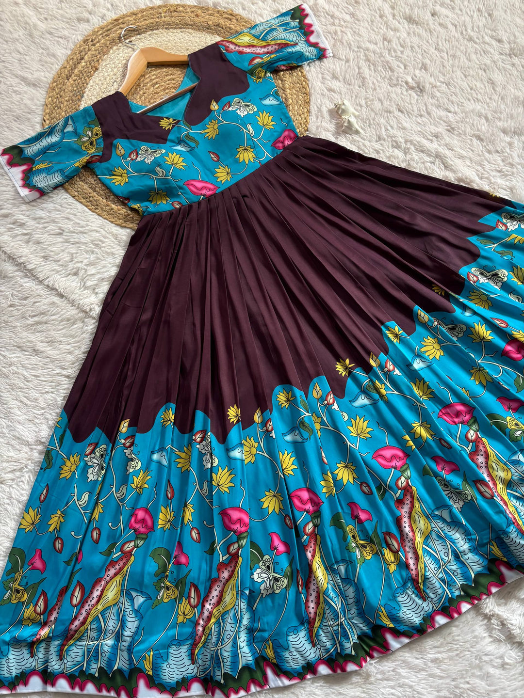 Elegant Wine Purple & Teal Kalamkari Print Maslin Gown