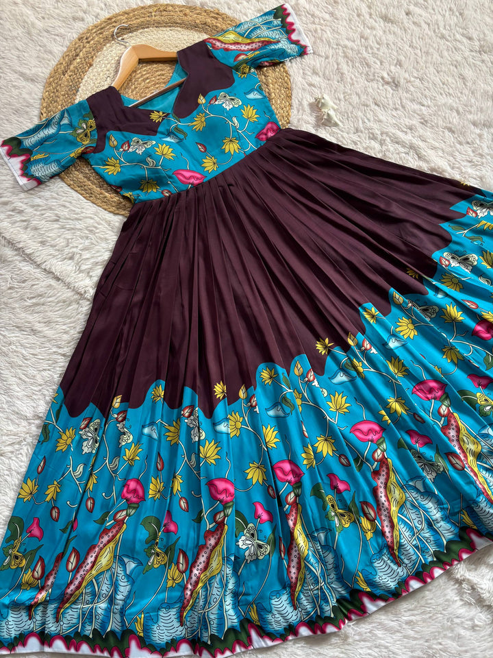 Elegant Wine Purple & Teal Kalamkari Print Maslin Gown