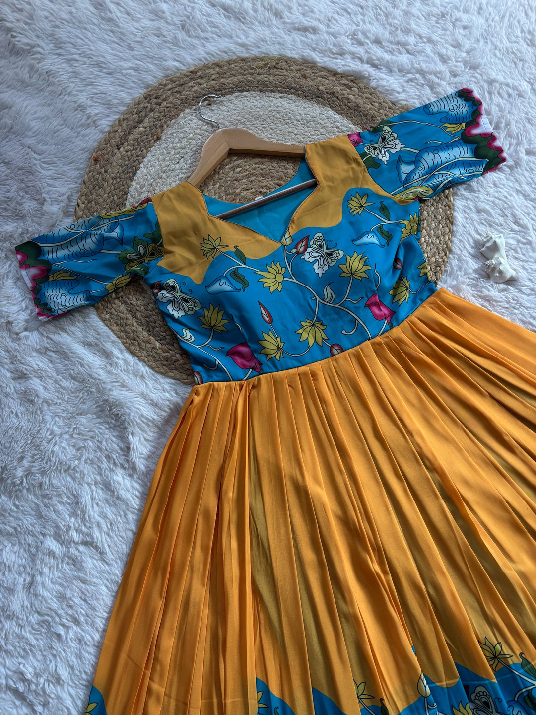 Sunshine yellow Kalamkari Printed Maslin Gown