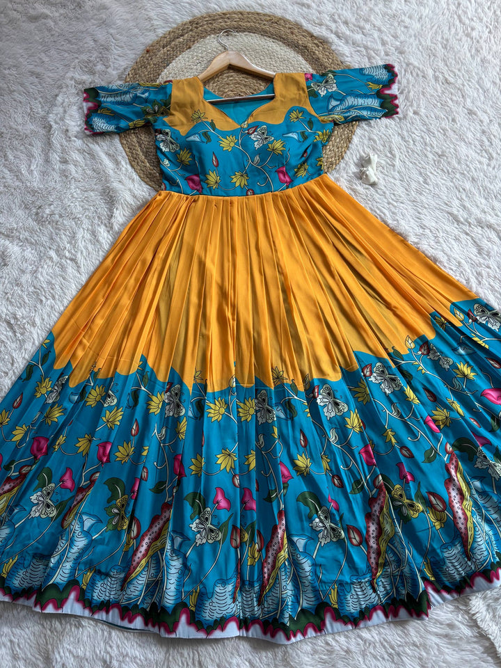 Sunshine yellow Kalamkari Printed Maslin Gown