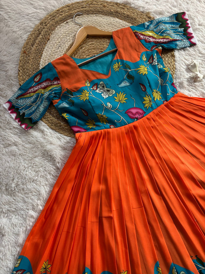 Teal & Orange Kalamkari Print Maslin Gown with Flared Silhouette