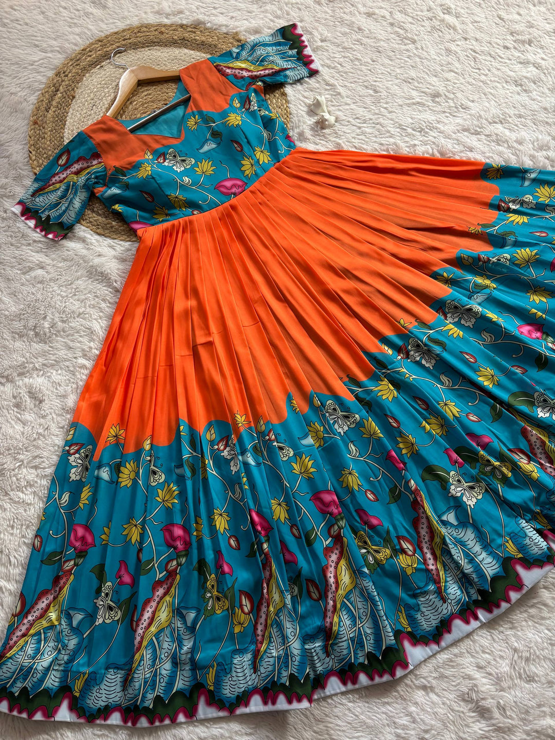 Teal & Orange Kalamkari Print Maslin Gown with Flared Silhouette
