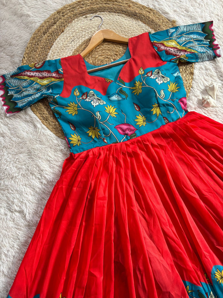 Ruby red Kalamkari Printed Maslin Gown