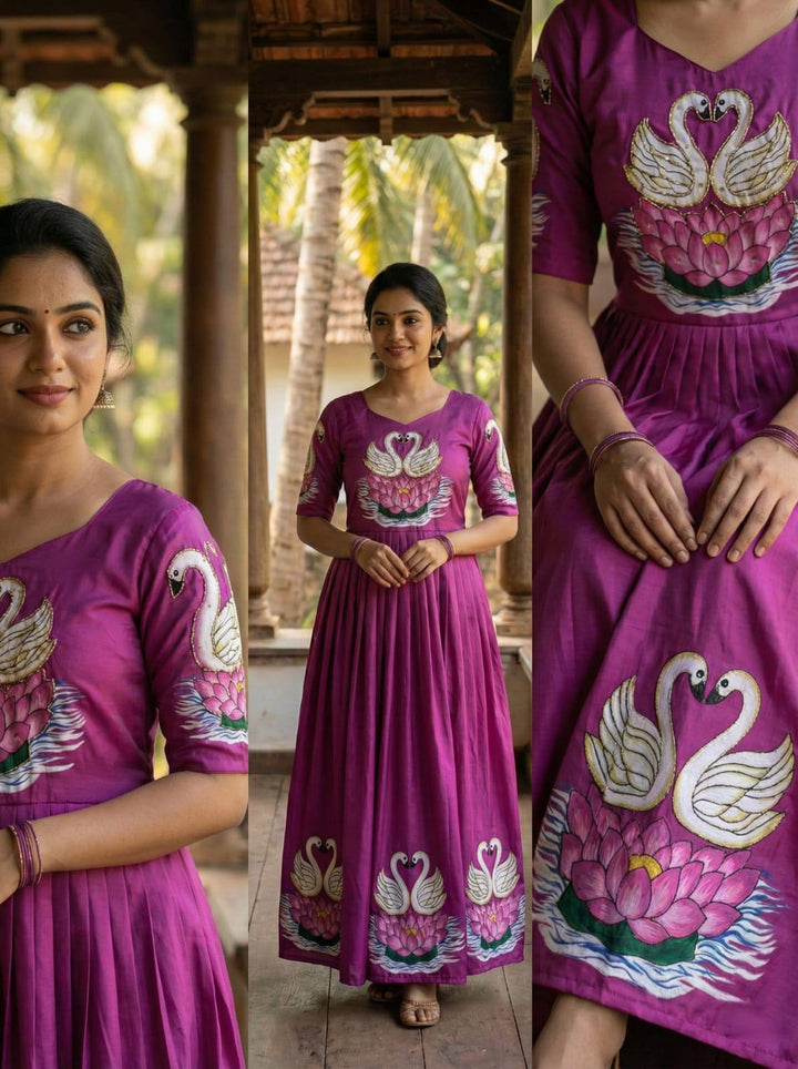 Magenta Maslin Silk Gown with Swan Print & Intricate Khatli Handwork