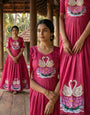 Graceful Pink Muslin Gown with Swan Art & Khatli Handwork