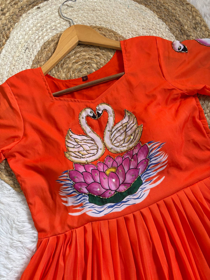 Radiant Orange Muslin Gown with Hand-Painted Swan & Khatli Art