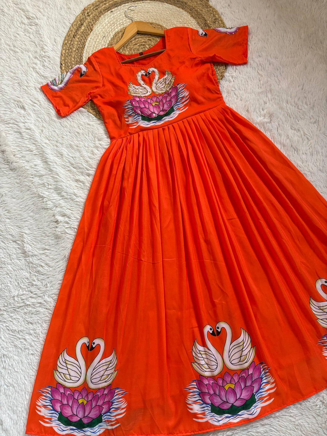 Radiant Orange Muslin Gown with Hand-Painted Swan & Khatli Art