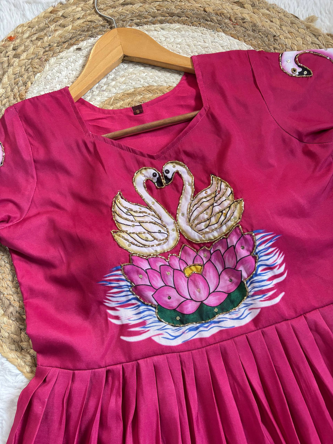Graceful Pink Muslin Gown with Swan Art & Khatli Handwork
