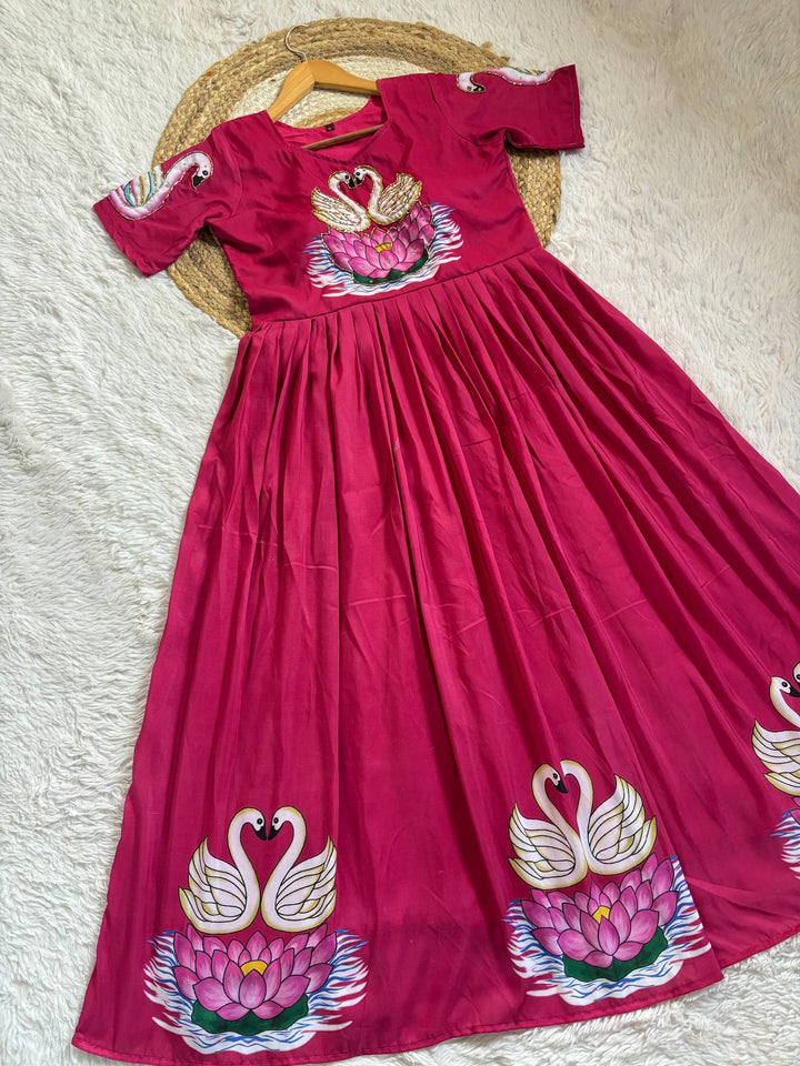 Graceful Pink Muslin Gown with Swan Art & Khatli Handwork