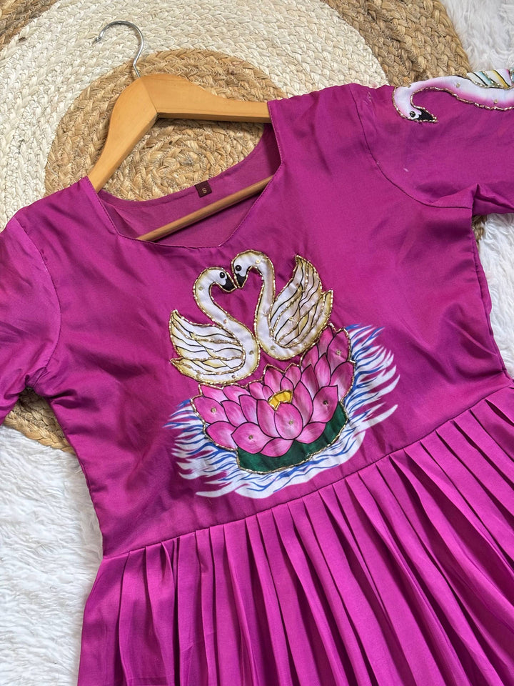 Magenta Maslin Silk Gown with Swan Print & Intricate Khatli Handwork