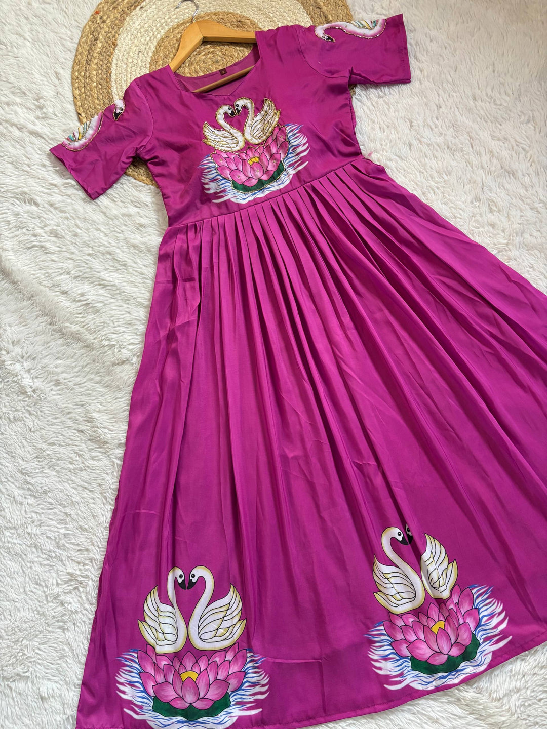 Magenta Maslin Silk Gown with Swan Print & Intricate Khatli Handwork