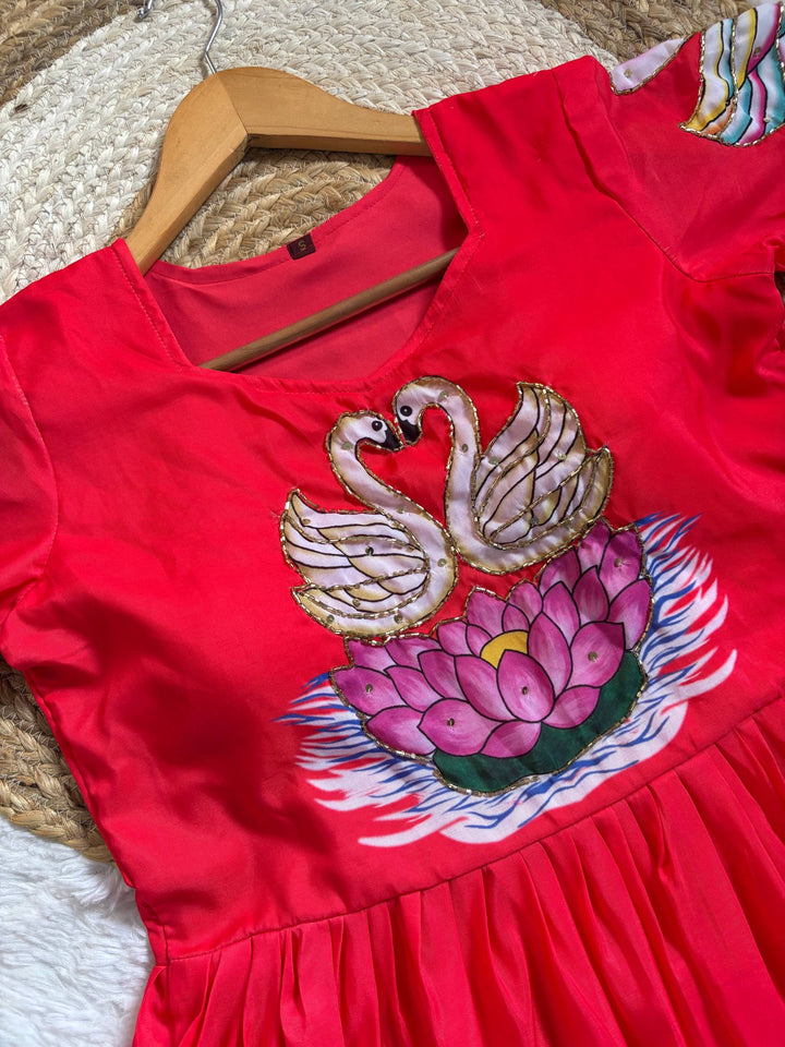 Radiant Red Muslin Gown with Artisanal Swan & Khatli Handwork