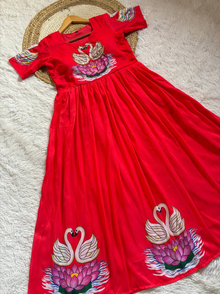 Radiant Red Muslin Gown with Artisanal Swan & Khatli Handwork