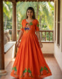 Orange Kalamkari Printed Maslin Gown with Khatli Handwork, Moti & Beads