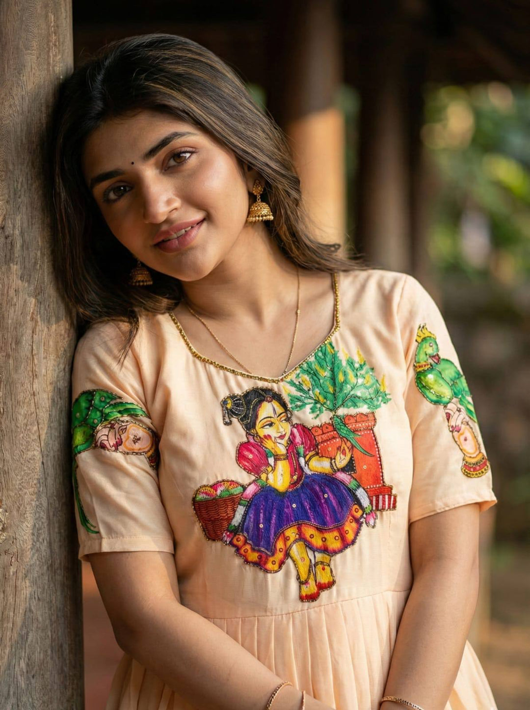 Peach Kalamkari Maslin Gown with Khatli Handwork, Beads & Moti Detailing