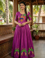 Purple Kalamkari Printed Maslin Gown with Khatli Handwork, Moti & Beads
