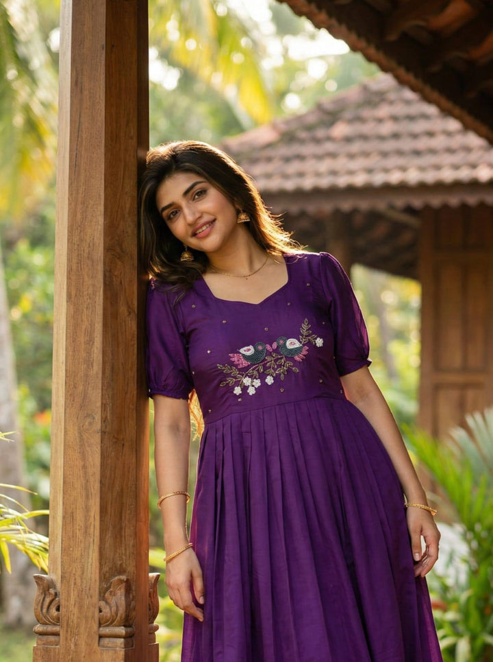 Purple Roman Fabric Handwork Anarkali Gown for Women