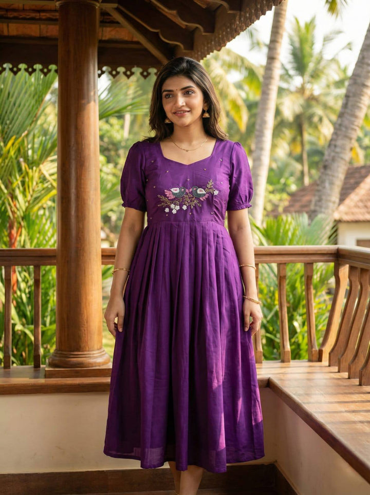 Purple Roman Fabric Handwork Anarkali Gown for Women