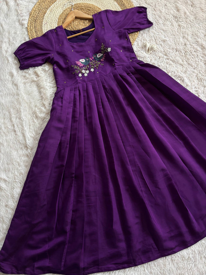 Purple Roman Fabric Handwork Anarkali Gown for Women