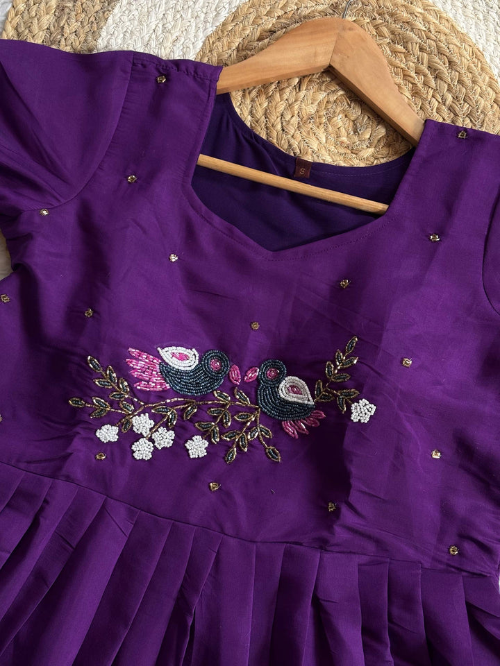 Purple Roman Fabric Handwork Anarkali Gown for Women