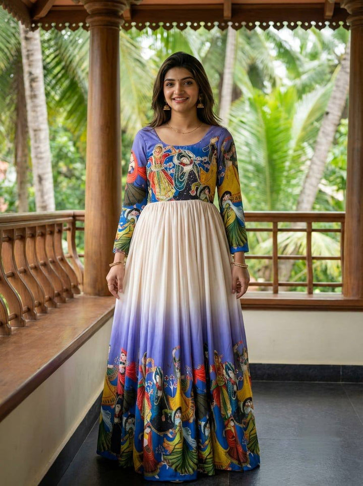 Premium Muslin Kalamkari Designer Anarkali Gown with Khatli Handwork with moti and beats
