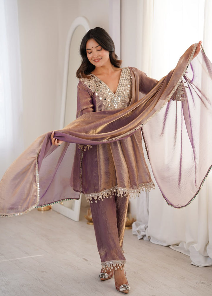 purple Party Wear Kurti Set with Real Mirror Work | Fendy Fabric Suit Set