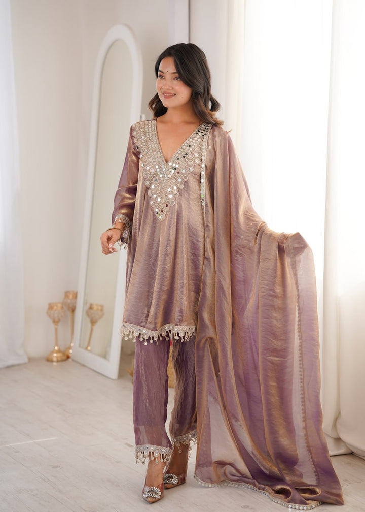 purple Party Wear Kurti Set with Real Mirror Work | Fendy Fabric Suit Set