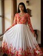 Ivory White Floral Maslin Gown with Khatli Handwork | Elegant Festive Ethnic Wear Gown for Women
