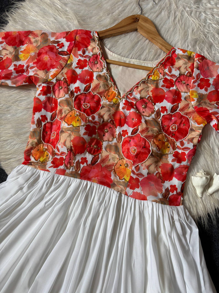 Ivory White Floral Maslin Gown with Khatli Handwork | Elegant Festive Ethnic Wear Gown for Women