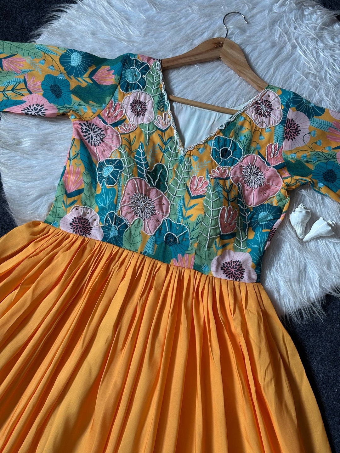 Mustard Floral Printed Maslin Gown with Khatli Handwork | Elegant Ethnic Wear Gown for Women