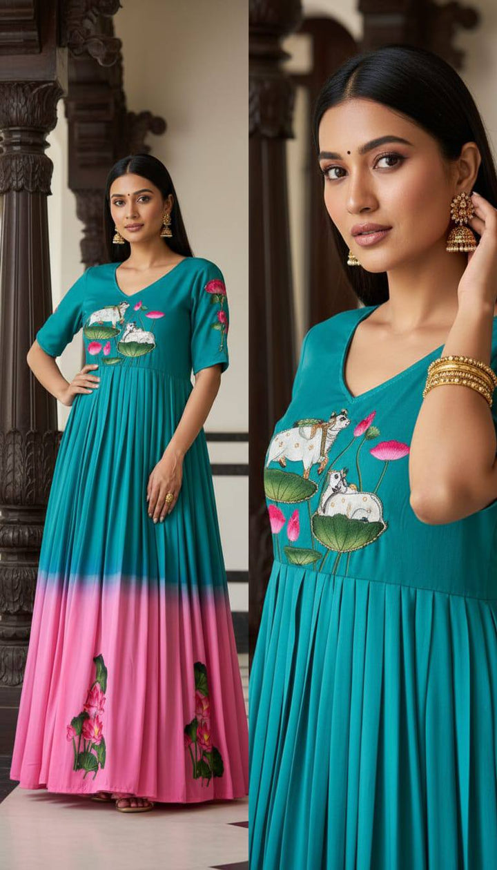 Designer Peacock Green to Pink Ombre Maslin Gown with Lotus Motif Print & Hand Khatli Work