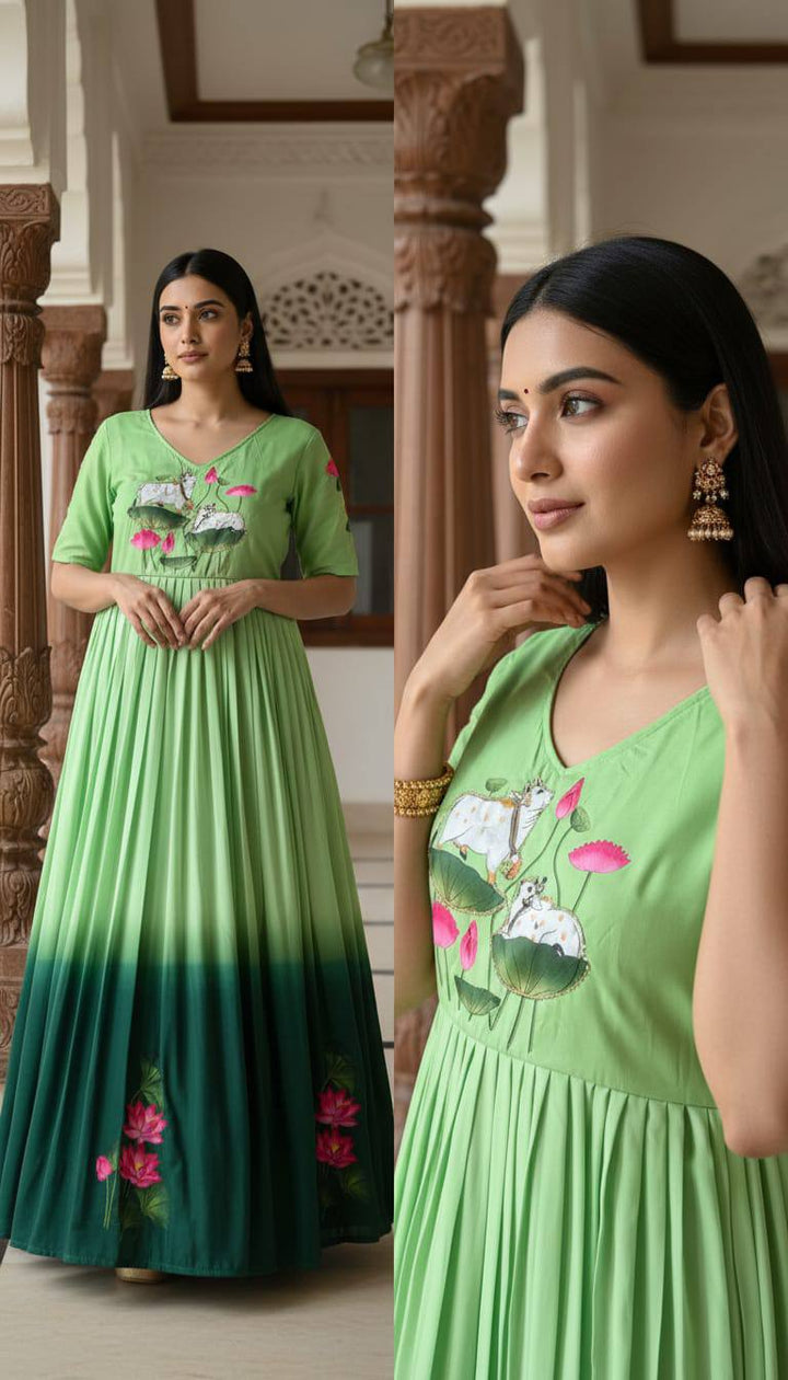 Elegant Ombre Green Maslin Gown with Lotus Floral Print & Traditional Khatli Handwork