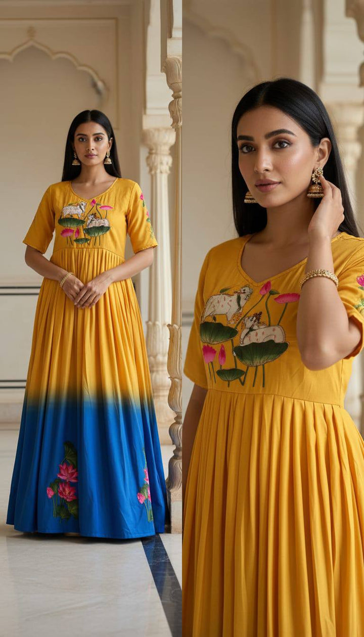Mustard Yellow & Royal Blue Ombre Maslin Anarkali Gown with Lotus Print & Khatli Handwork