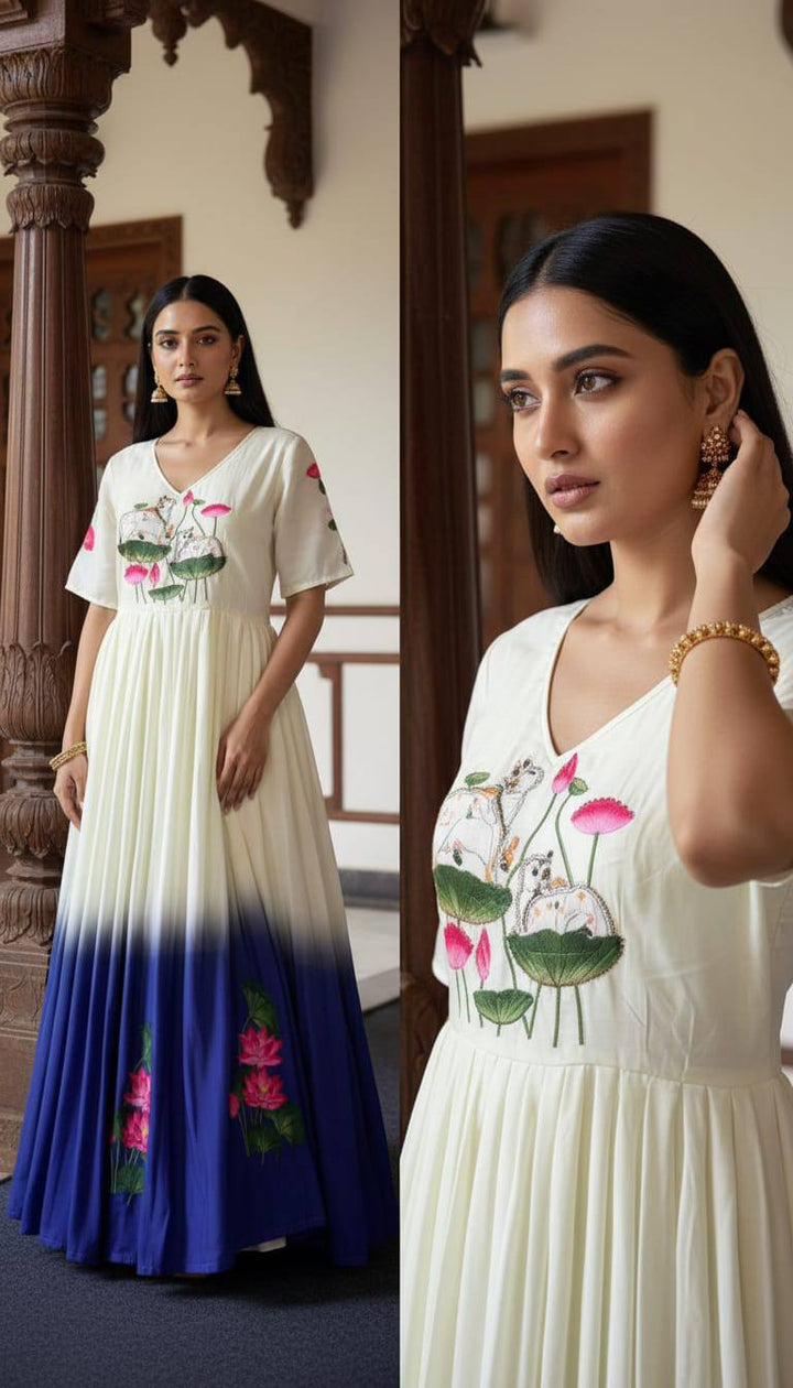 Elegant Cream to Royal Blue Ombre Maslin Gown with Lotus Motif Print & Hand Khatli Work