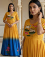 Mustard Yellow & Royal Blue Ombre Maslin Anarkali Gown with Lotus Print & Khatli Handwork