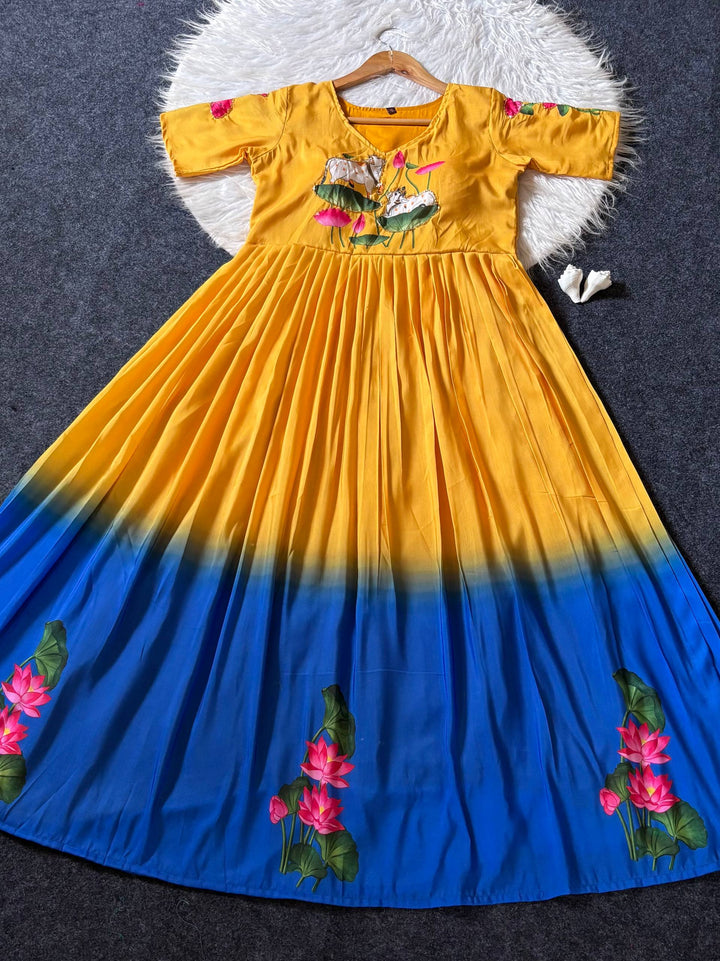 Mustard Yellow & Royal Blue Ombre Maslin Anarkali Gown with Lotus Print & Khatli Handwork