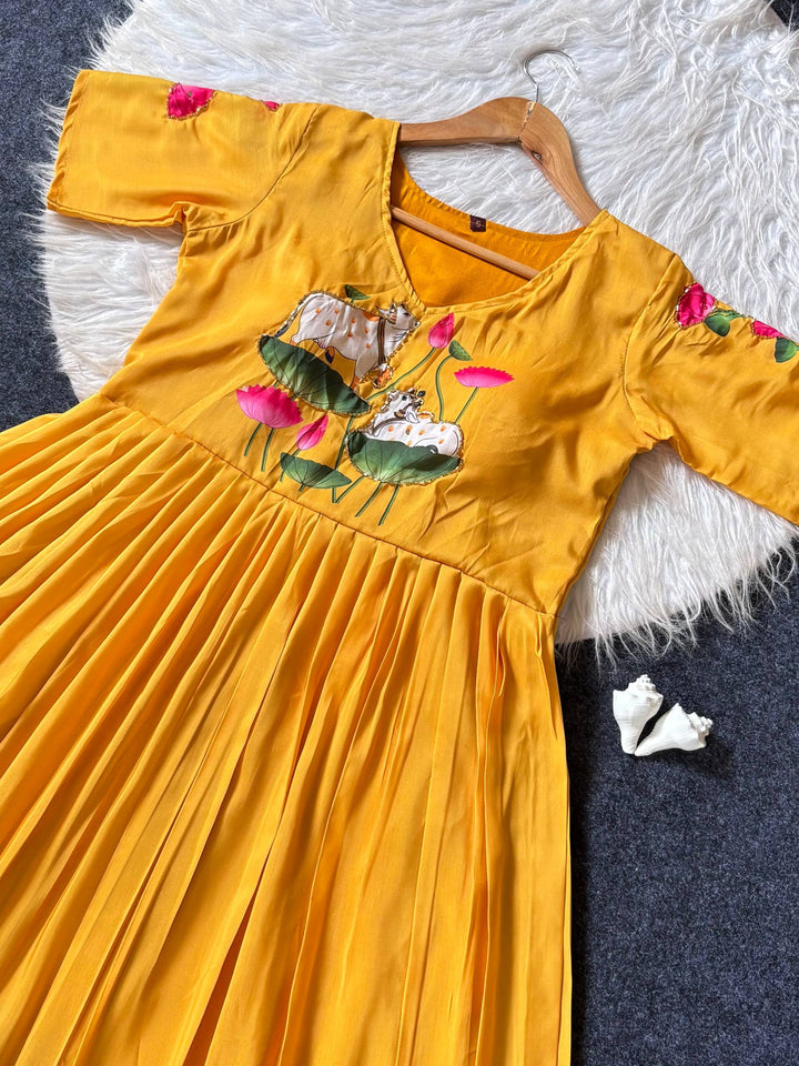 Mustard Yellow & Royal Blue Ombre Maslin Anarkali Gown with Lotus Print & Khatli Handwork