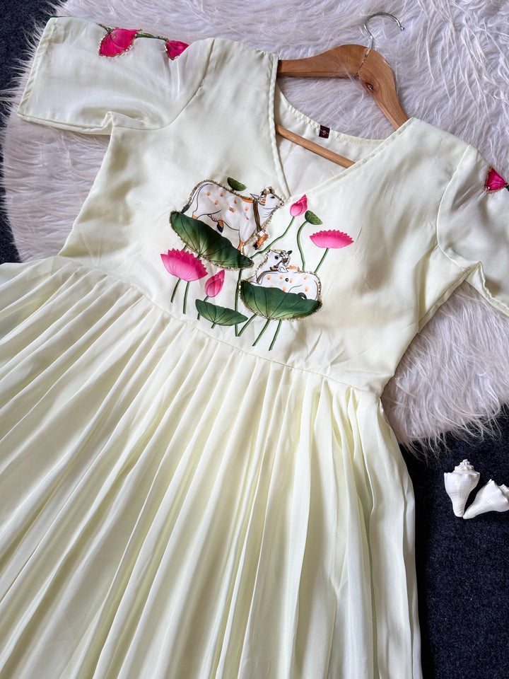 Elegant Cream to Royal Blue Ombre Maslin Gown with Lotus Motif Print & Hand Khatli Work