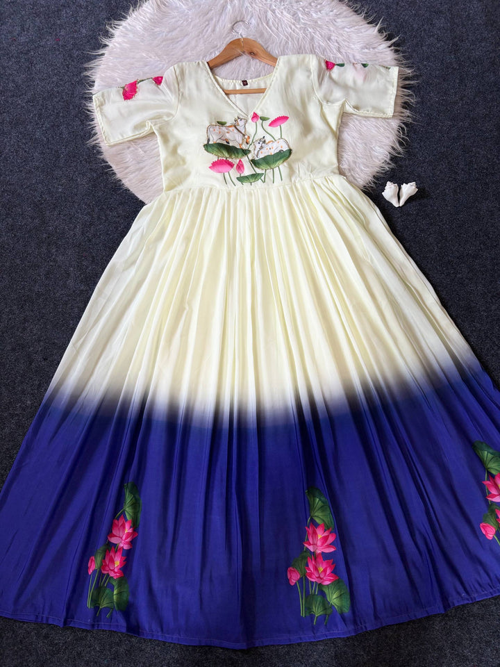 Elegant Cream to Royal Blue Ombre Maslin Gown with Lotus Motif Print & Hand Khatli Work