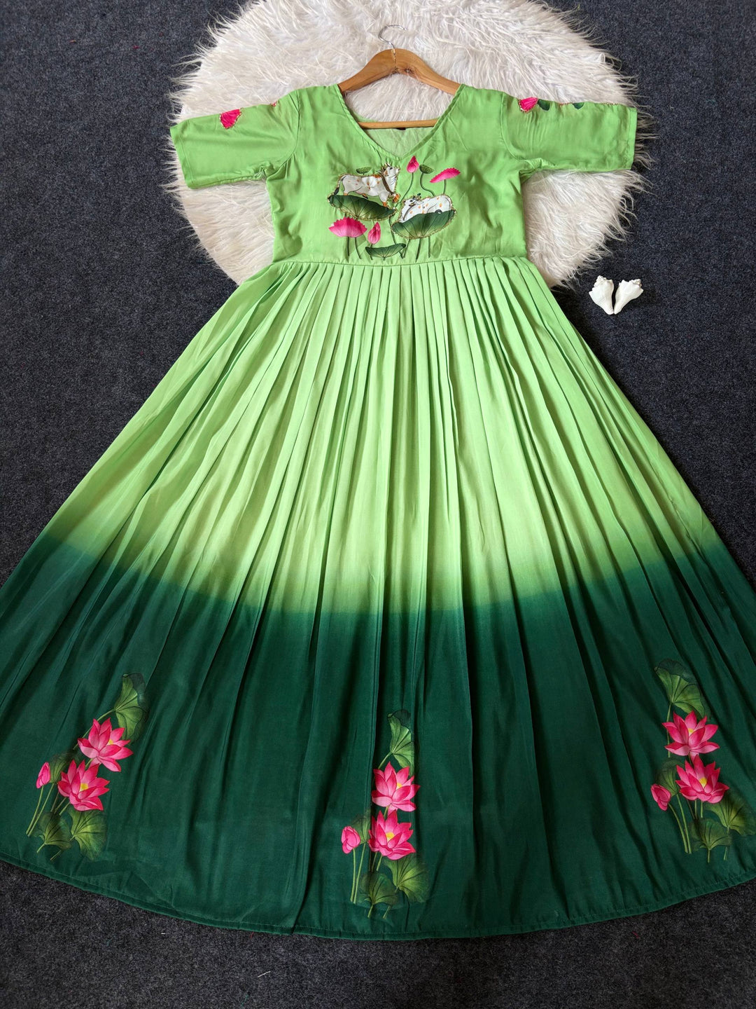 Elegant Ombre Green Maslin Gown with Lotus Floral Print & Traditional Khatli Handwork