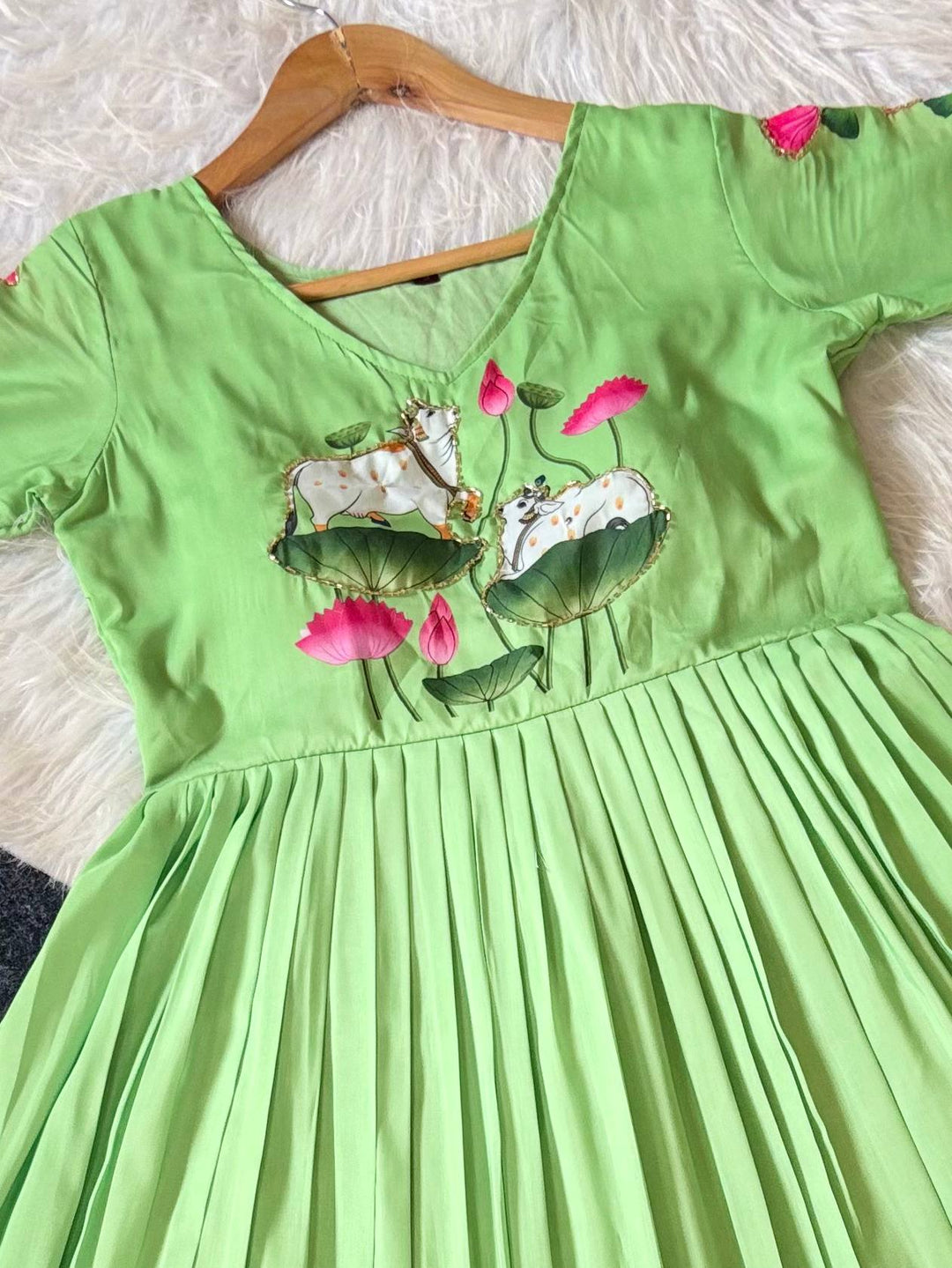 Elegant Ombre Green Maslin Gown with Lotus Floral Print & Traditional Khatli Handwork