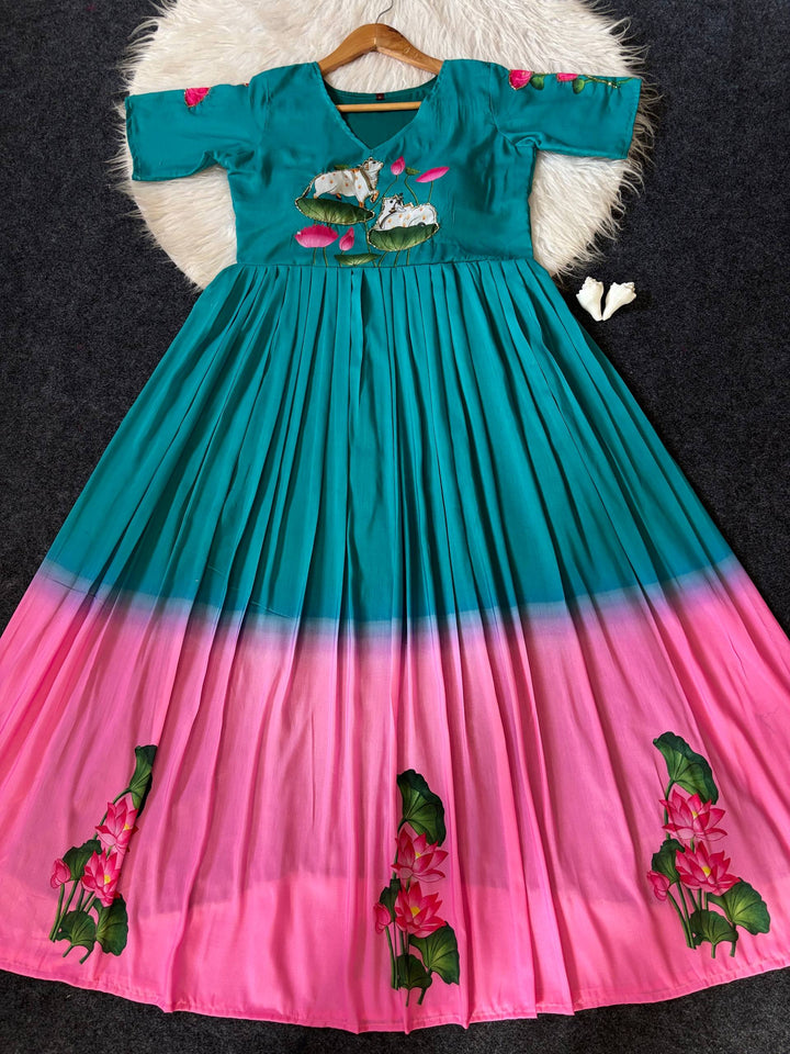 Designer Peacock Green to Pink Ombre Maslin Gown with Lotus Motif Print & Hand Khatli Work