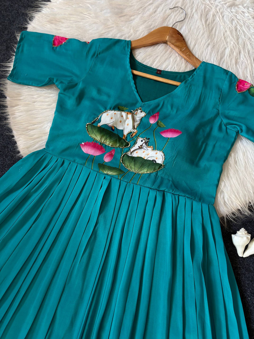 Designer Peacock Green to Pink Ombre Maslin Gown with Lotus Motif Print & Hand Khatli Work