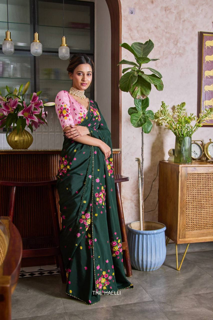 Dark Green Soft Tabi Floral Saree with Cut Dana Handwork