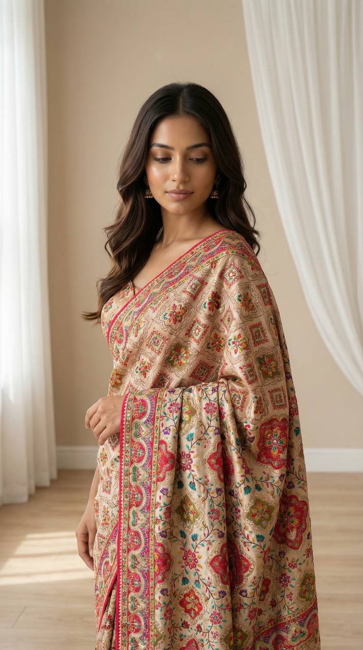 Beige Ethnic Saree with Vibrant Ajarakh Print & Real Mirrors