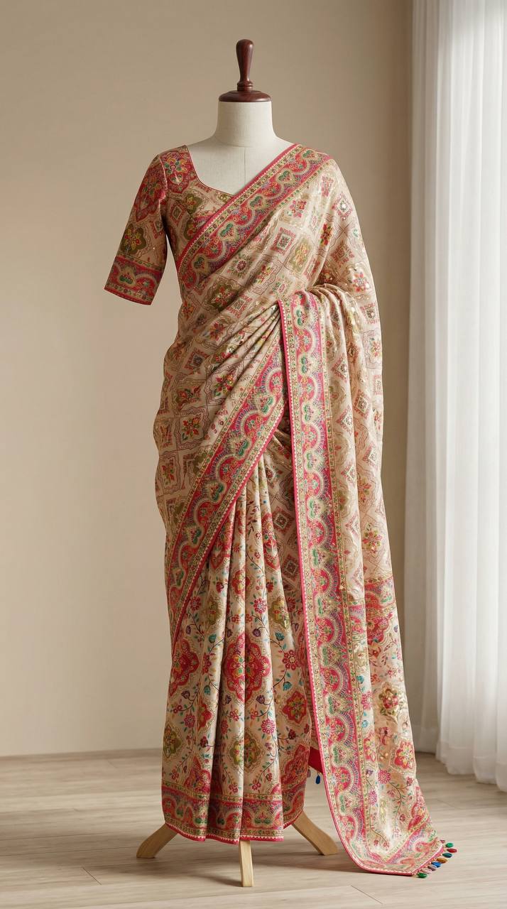 Beige Ethnic Saree with Vibrant Ajarakh Print & Real Mirrors